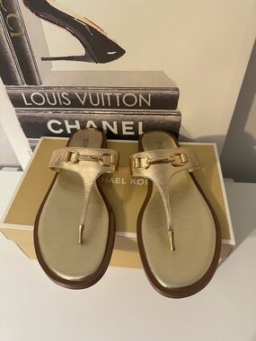 Michael Kors Metallic Gold T-strap Slide Sandals